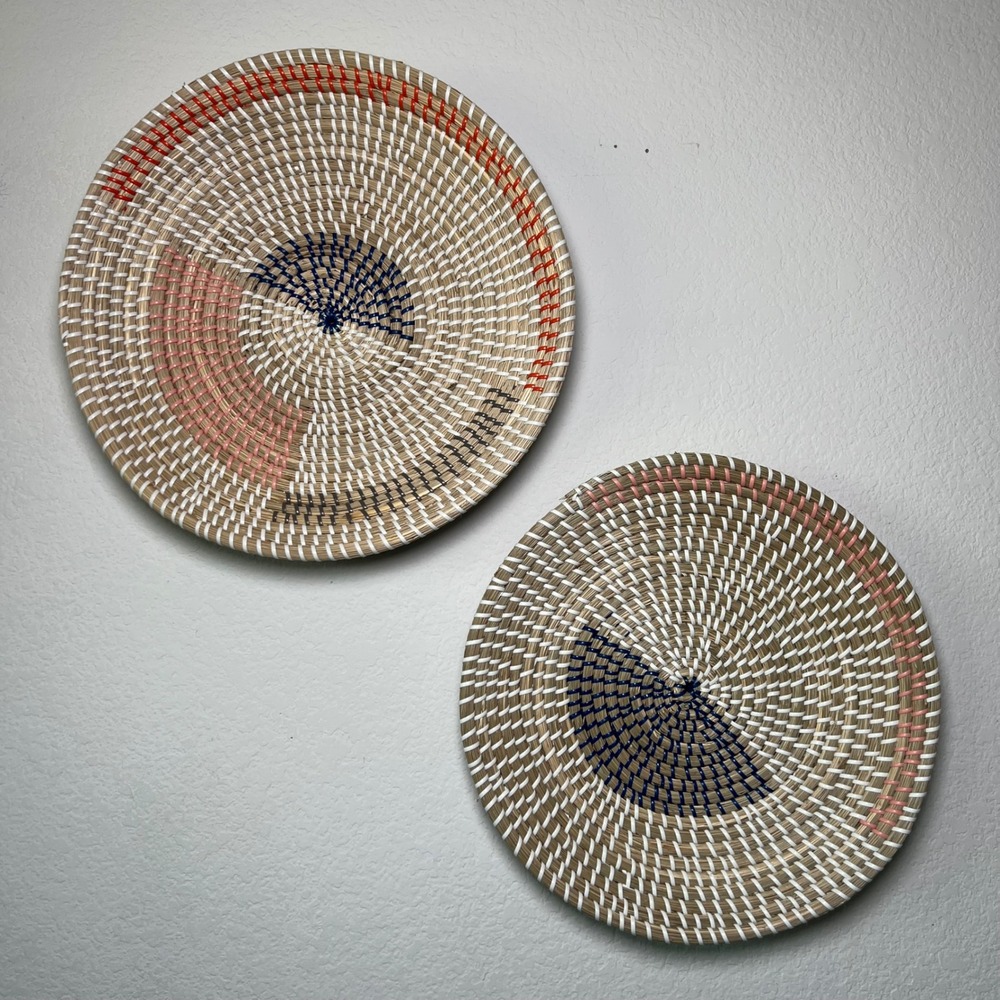 Set of 2 Woven Wall Basket Decor Boho Geometric Art Coastal Chic Earthy Neutral